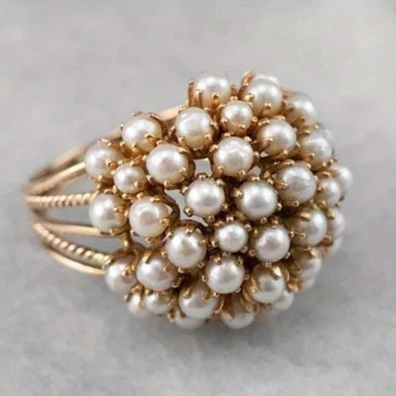 Trendy Inlaid Imitation Pearl Women's Ring Exquisite Gold Color Geometry Daily Wear Party Jewelry Anniversary Gift