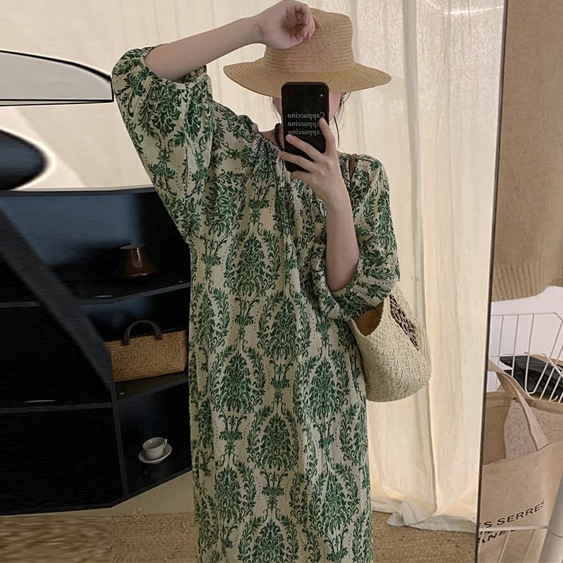 Ele Sommer Vintage rund Ne Blumendruck Gürtel lose Laterne Sve Long Dr Damen Faion Commute Sle Bubble Sl...