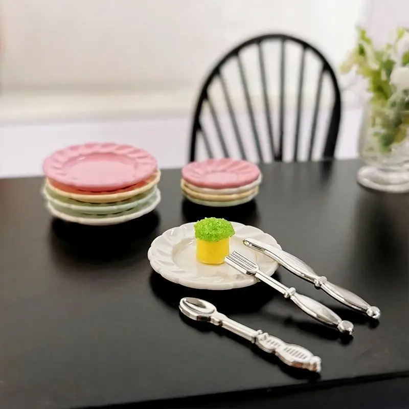 1 Set Dollhouse Kitchen Accessories Miniature Knife Fork Spoon Tableware Plate Kit Kid Toy Simulation Food And Play Scene Model