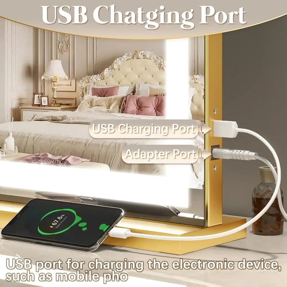 مرآة زينة مضاءة LED 32 × 22، تحكم باللمس، خيارات 3 ألوان، تكبير 10X، منفذ USB، إطار ذهبي مربع #4