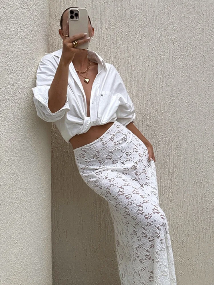 Articat Elegant Lace High Waist Solid Color Half Skirt Women 2025 Summer New Slim Perspective Long Half Skirt Street Clothing