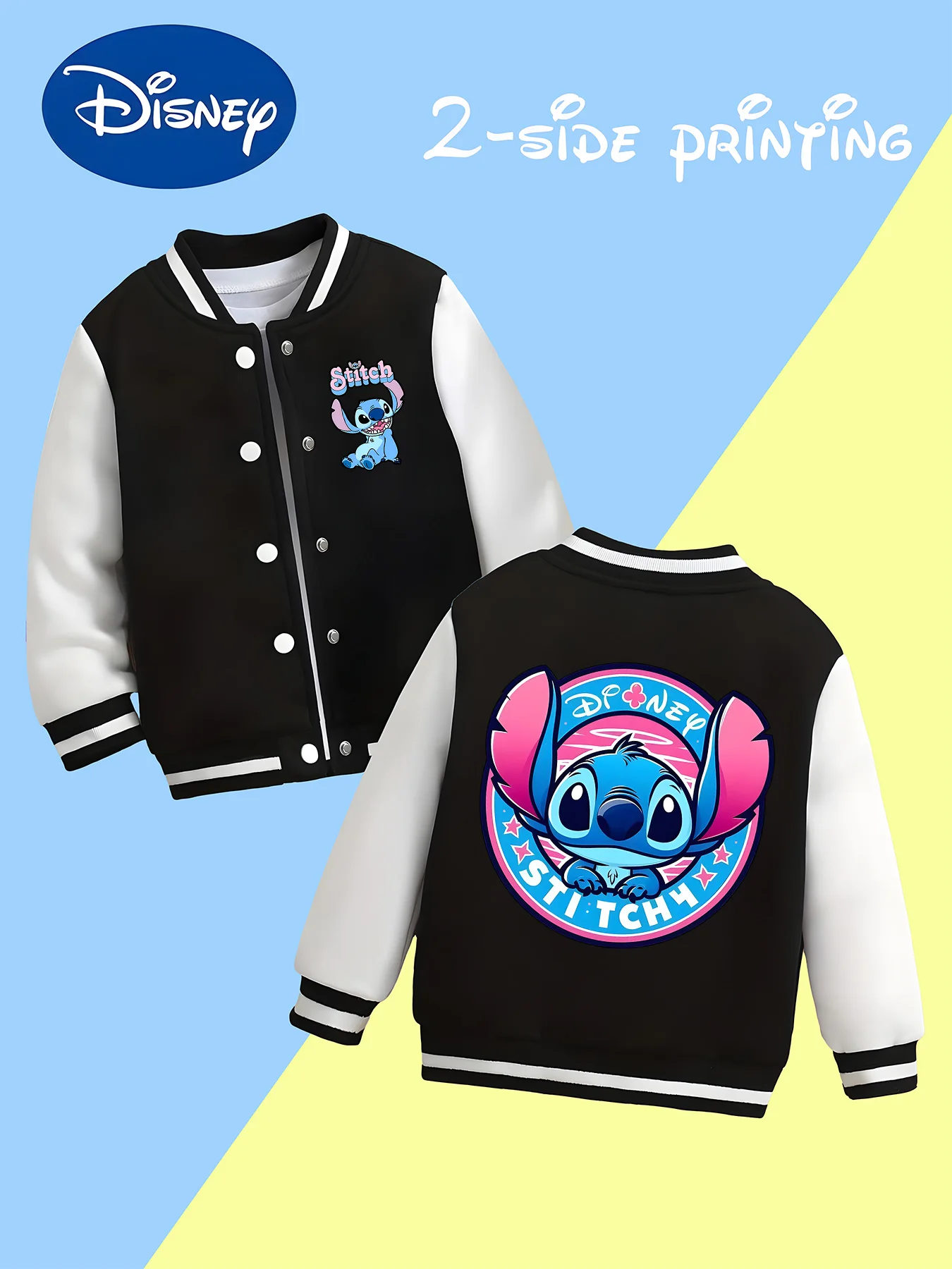 

MINISO Disney Stitch Trend Badge Boys Baseball Jacket - Double-sided Stitch trend badge, simple black and white outfit trend