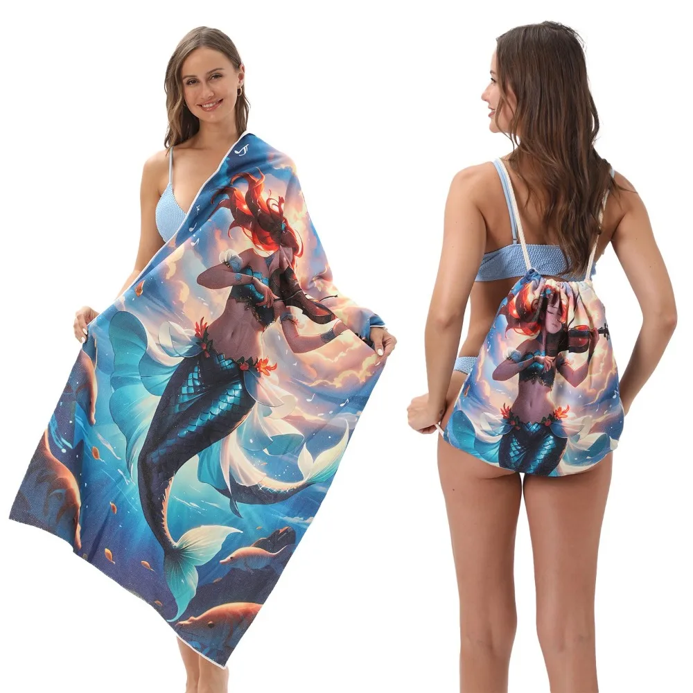 Mermaid Beach Blanket 27.5x55in with Straps Bath Towel Lightweight Quick-dry Absorb Water Outdoor Travel Beach Towel 3D Printing