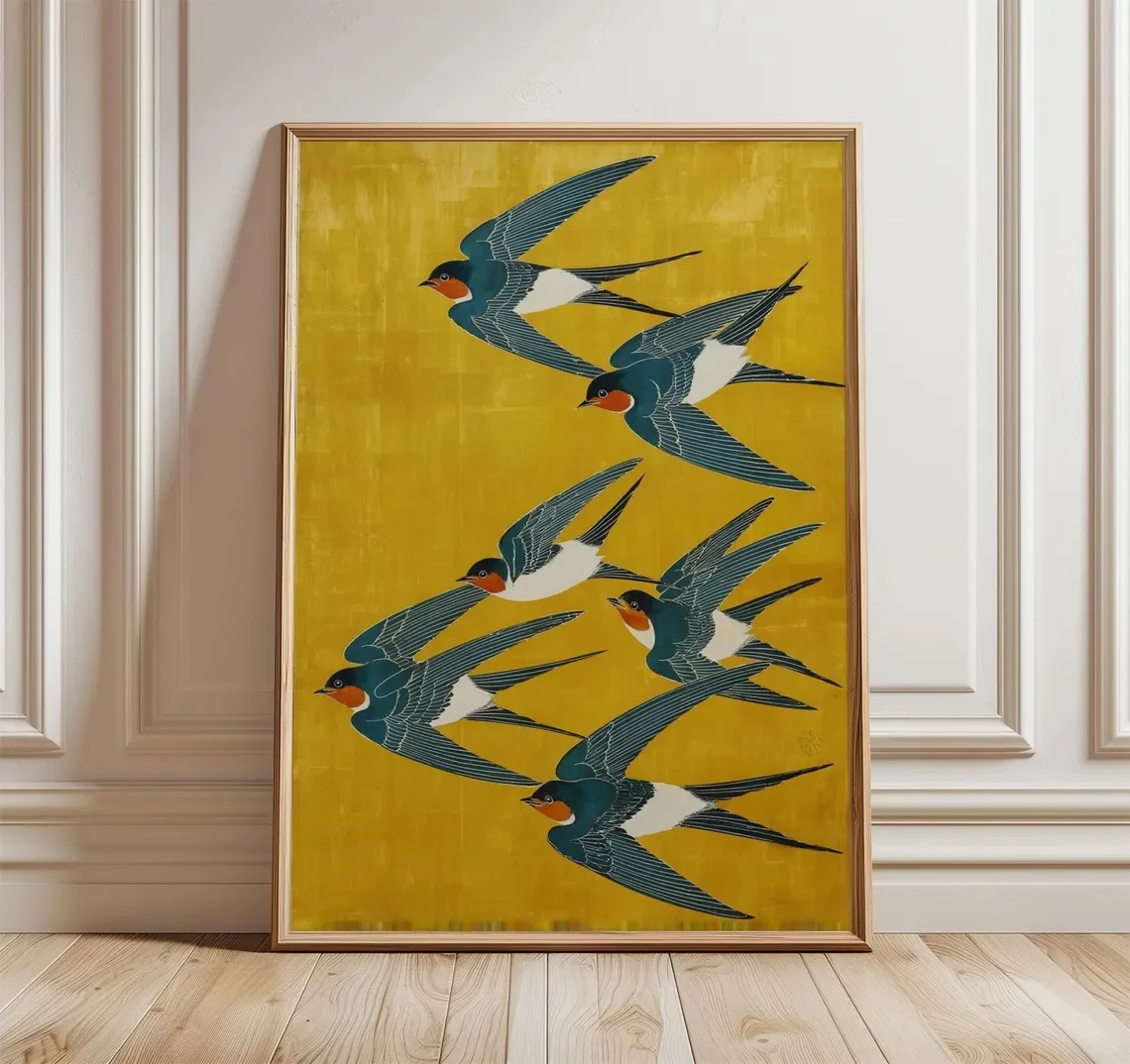 Swallow Birds Poster Japanese Wall Art Canvas Print Yellow and Blue Wall Art Picture for Living Room Home Decor Artwork