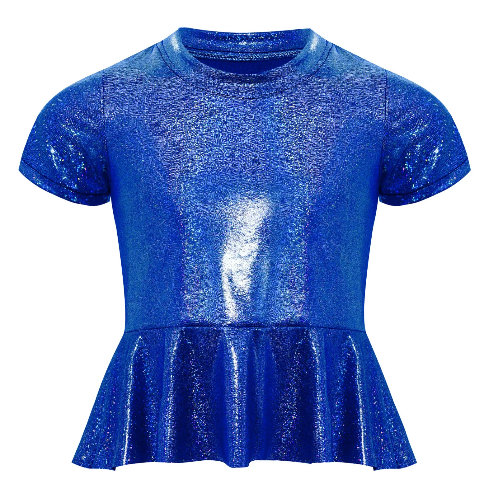 

Kids Girls T-shirt Peplum Tees Top Shiny Metallic Round Neck Short Sleeves Shirt for Cheerleading Jazz Dance Performance Costume