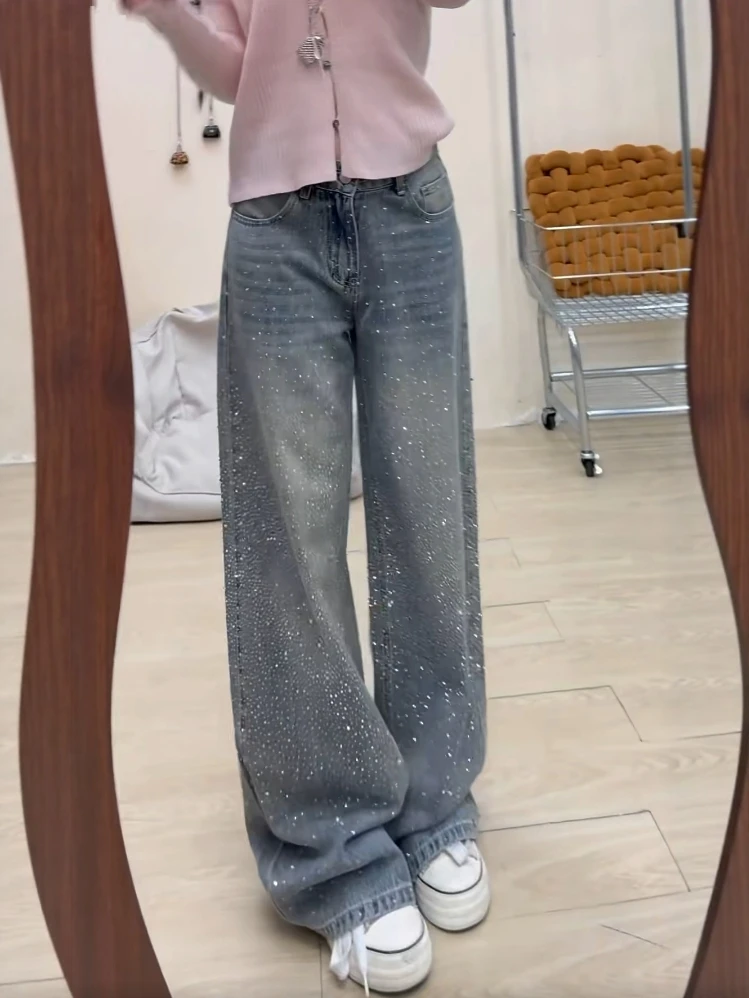 Shiny Diamond Embellished Heavy Duty Wide Leg Jeans Women's Fashion Luxury Style High Waist Denim Pants Sparkling Everyday Wear