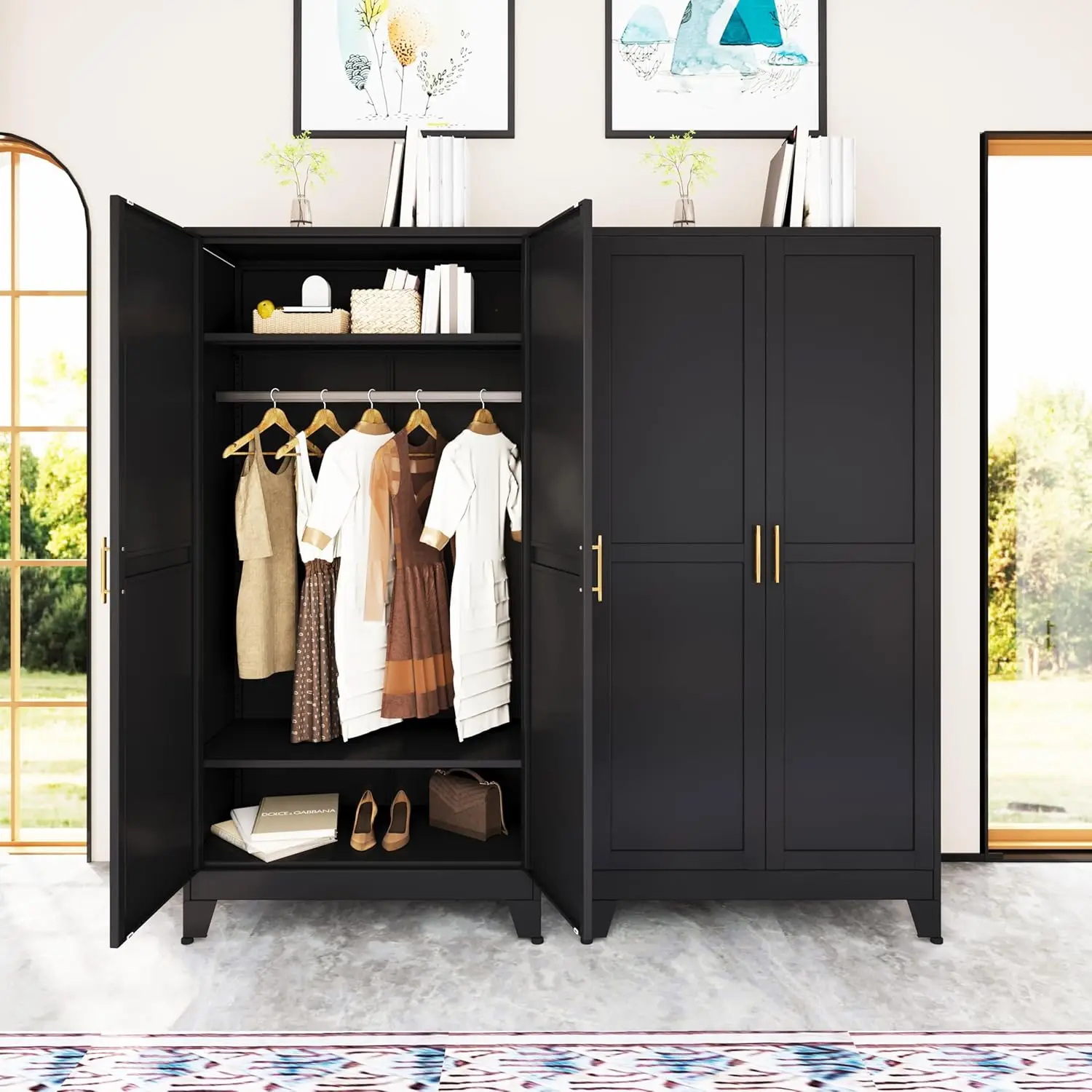 Armoire Wardrobe Closet, Steel Clothing Storage Cabinet with Adjustable Shelves and Hanging Rod, Household Steel Wardrobe Storag