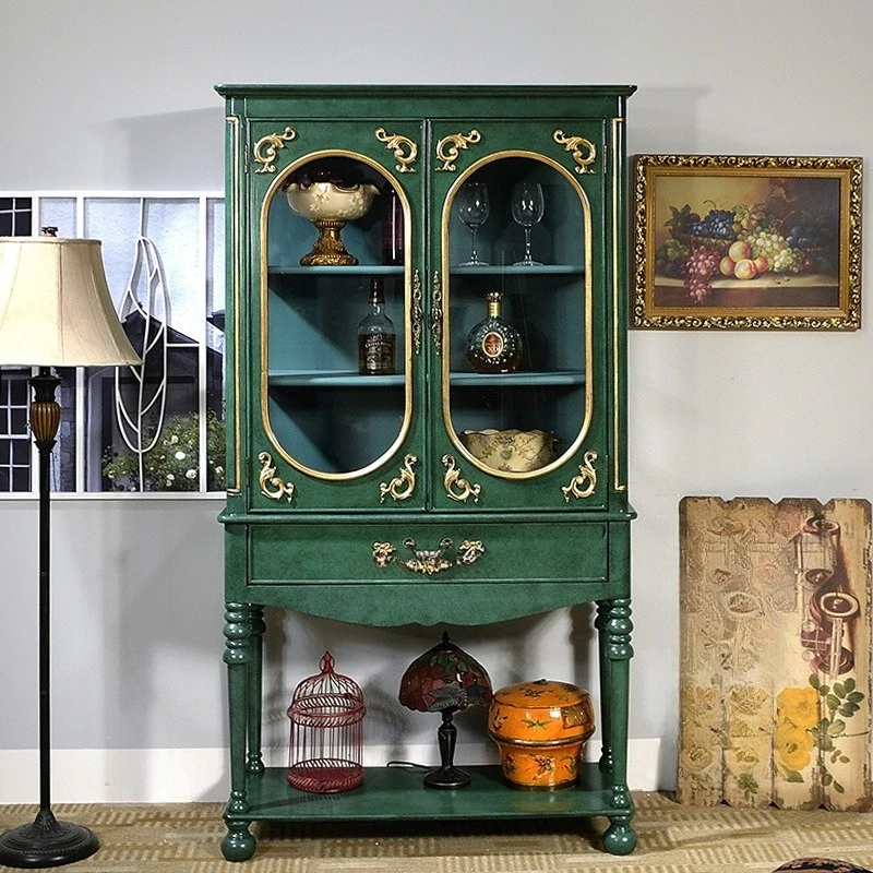 

American solid wood dining side two-door bookcase, malachite green partition hall cabinet, cabinet locker