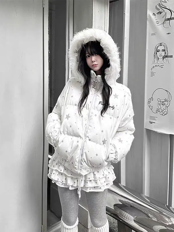 Winter Thickened Star Print Hooded Cotton Jacket Women's Stylish Trendy Coat Warmth Plush Collar Comfortable Fit Casual Wear