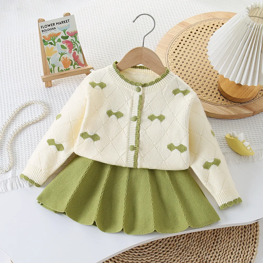 Spring Autumn 1-6Y Girls 2PCS Clothes Set Lace Collar Cuffs Contrast Argyle Kid Girls Cardigan Solid Flower Hem Girls Skirt Suit