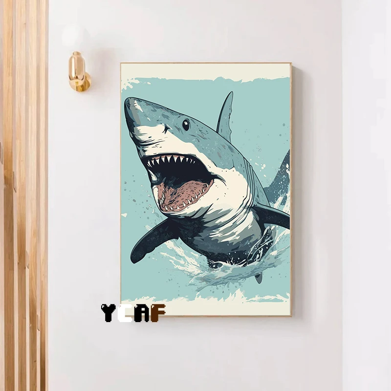 Animals in Sea Shark Dolphin Poster Canvas Printing Sea Life Wall Art Picture Shark Illustration Fantasy Artwork Wall Decoration