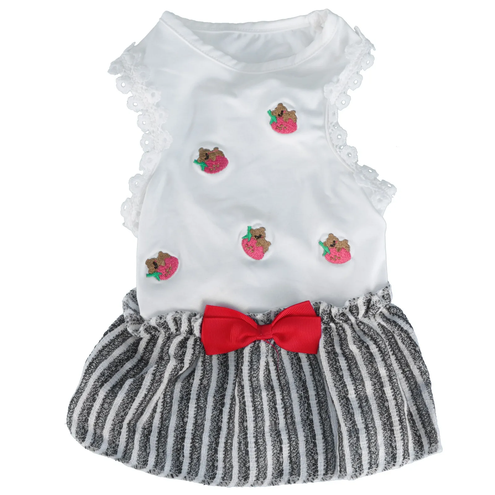 

Strawberry Print Dog Dress White Size Xs Cute Striped Pet Skirt Durable Dog Clothes Summer Spring Pet Costume Outdoor Use