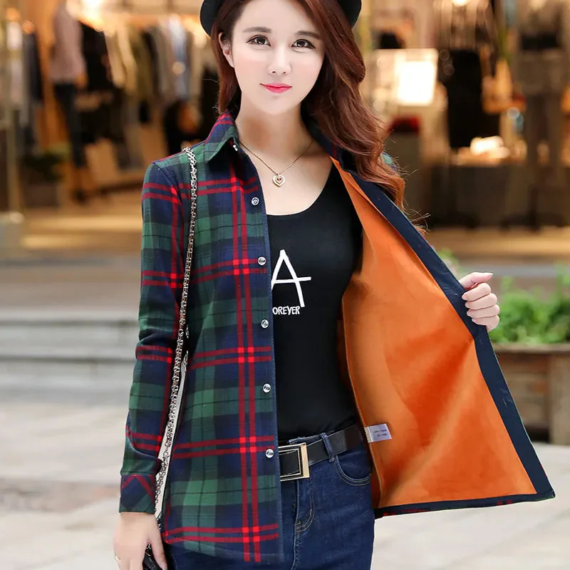 2025 New Velvet Shirt For Women Spring Autumn Winter Thickened Warm Checkered Shirt Single Breasted Shirt Jacket Outerwear Top