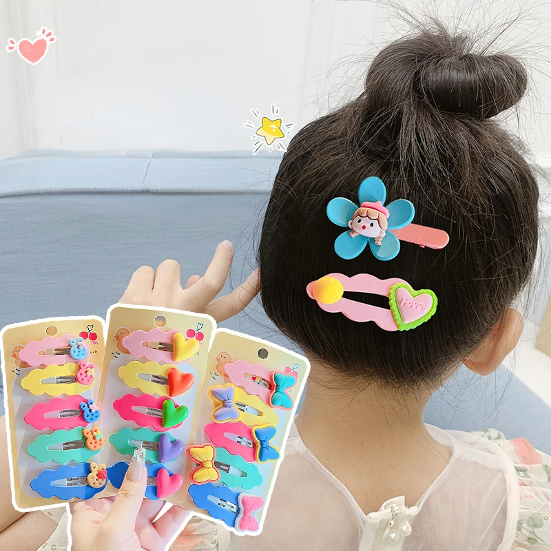 5 Pcs/Set Children Cute Colors Cartoon Flower Bow Ornament Hair Clips Girls Sweet Barrettes Hairpins Kids Hair Accessories