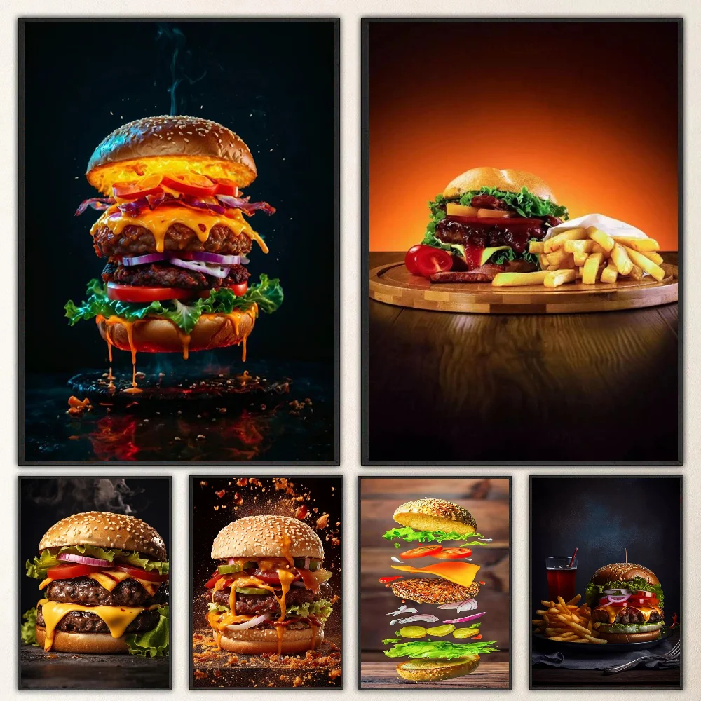 1pc Delicious Fast Food Beef Burger Fries Poster Self-adhesive Art Waterproof Paper Sticker Coffee House Bar Room Wall Decor