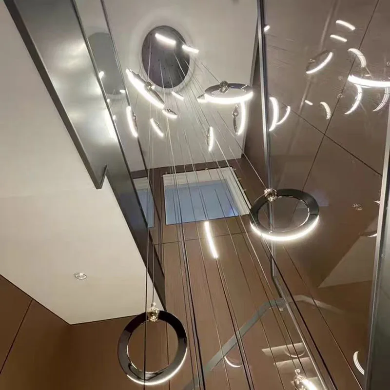 

Duplex Building Living Room Pendant Lamps Postmodern Light Luxury Apartment Empty Staircase Fixture Circle Villa Long Chandelier