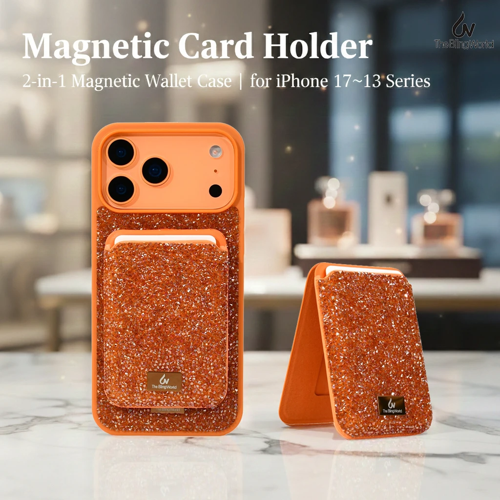 

Bling Glitter Diamond Magnetic Card Holder Wallet Case for iPhone 17 16 15 14 13 Pro Max Luxury Leather Magsafe Cover for Women