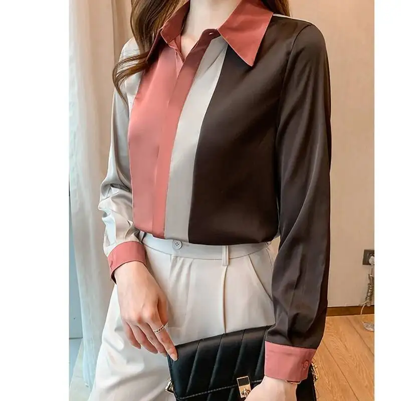 Moda elegante manga longa camisa de escritório primavera vintage listra cetim blusa feminina 2025 outono botão casual solto topos roupas