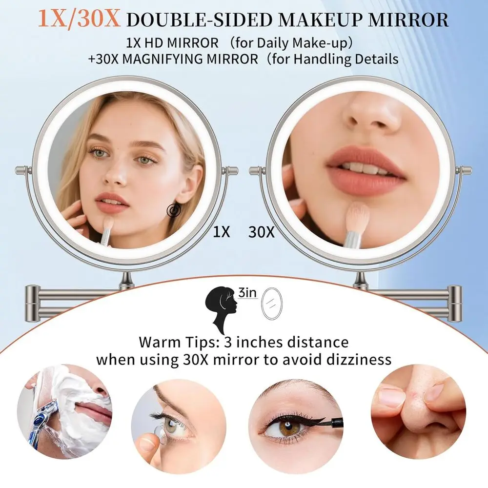 مرآة مكياج مضيئة على الحائط مقاس 30X/1X مع 360 درجة ° ذراع دوار، يعتم باللمس، وبطارية 4500 مللي أمبير، لمسة نهائية من النيكل #2