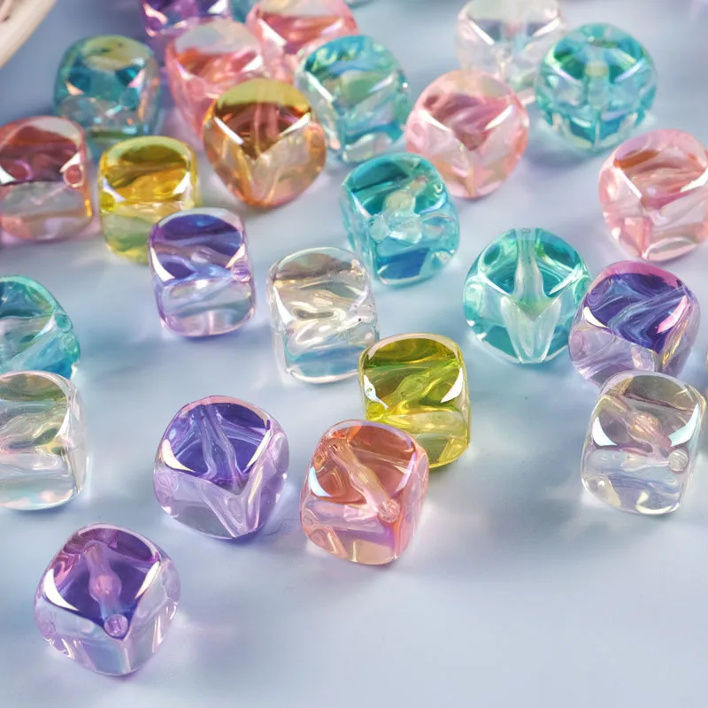 

DIY Jewelry Findings 100pcs 15*15mm UV Coated Transparent Icey Colors Cube Square Acrylic Beads Fit Ornament Accessories Making