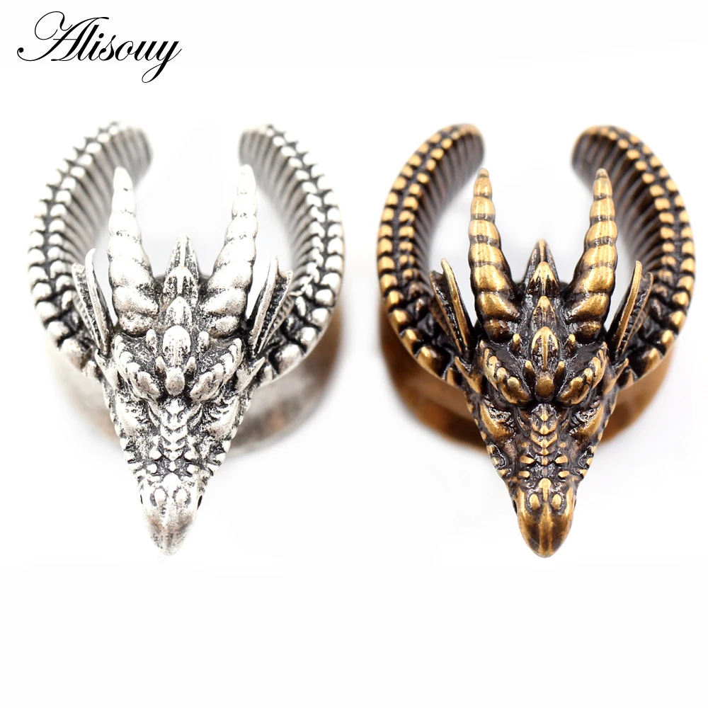 Alisouy 1PC Retro Copper Dragon Buffalo Horn Saddle Ear Tunnels Plugs Expander Stretcher Gauges Earrings Piercing Body Jewelry