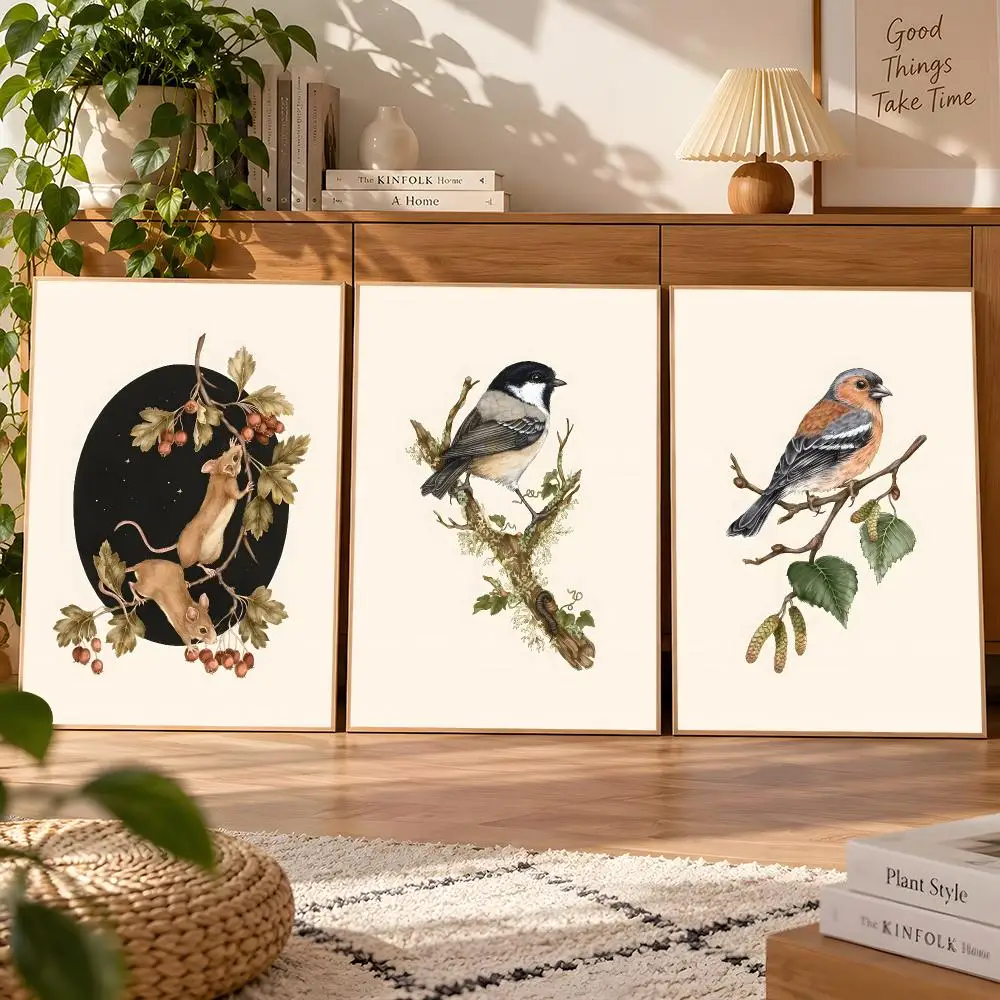 Nordic Vintage Goldfinch Bird Flower Landscape Poster Matte Self Adhesive Wall Art Waterproof Room Decoration Bedroom