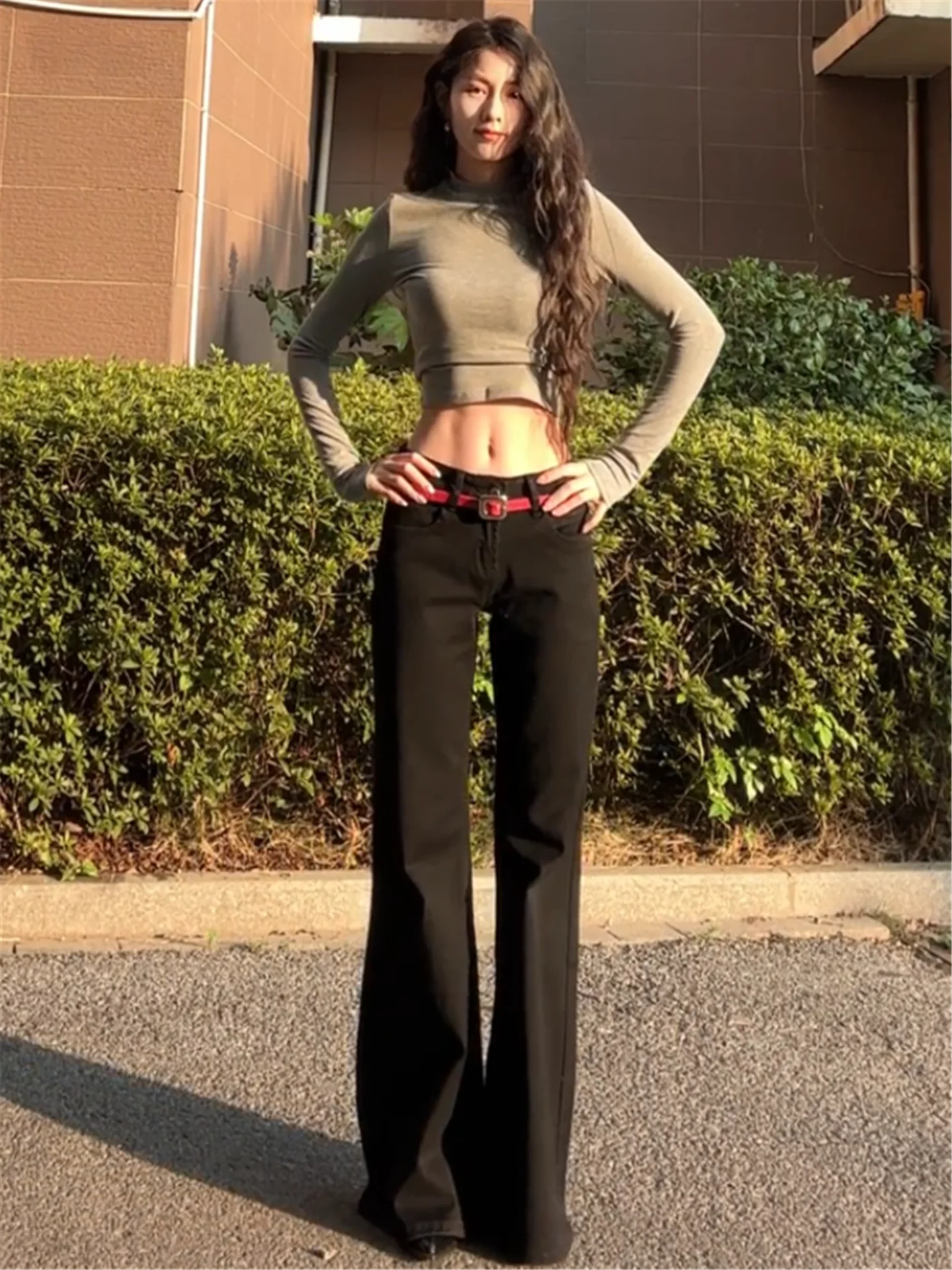 

American Street Style Low Waist Thickened Fleece Women's Jeans Bell Bottoms Slimming Loose Fit Autumn Winter Black Denim