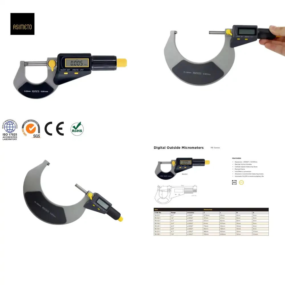 Asimeto 116 Series High Quality Electronic Digital Outside Micrometer Gauge 0 to 25 mm with 0.002 mm Resolution