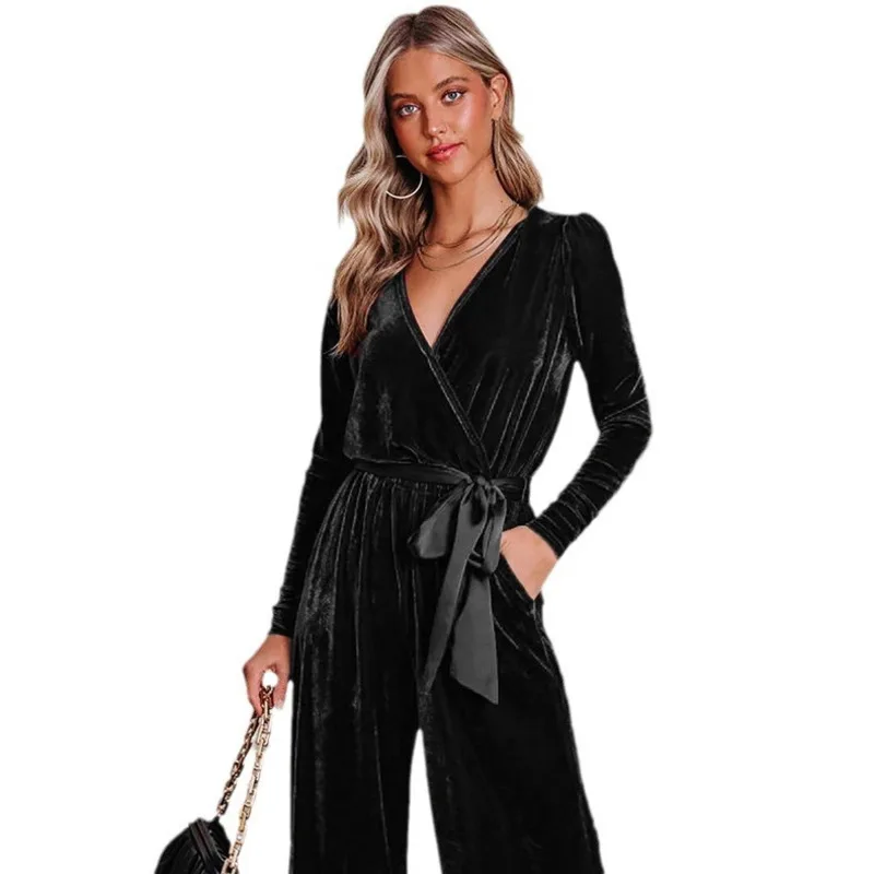 

Women's Jumpsuit Commuter Casual Top Comfortable Career Solid Color Long Sleeve V-neck Fashion Elegant Straight Leg Pants