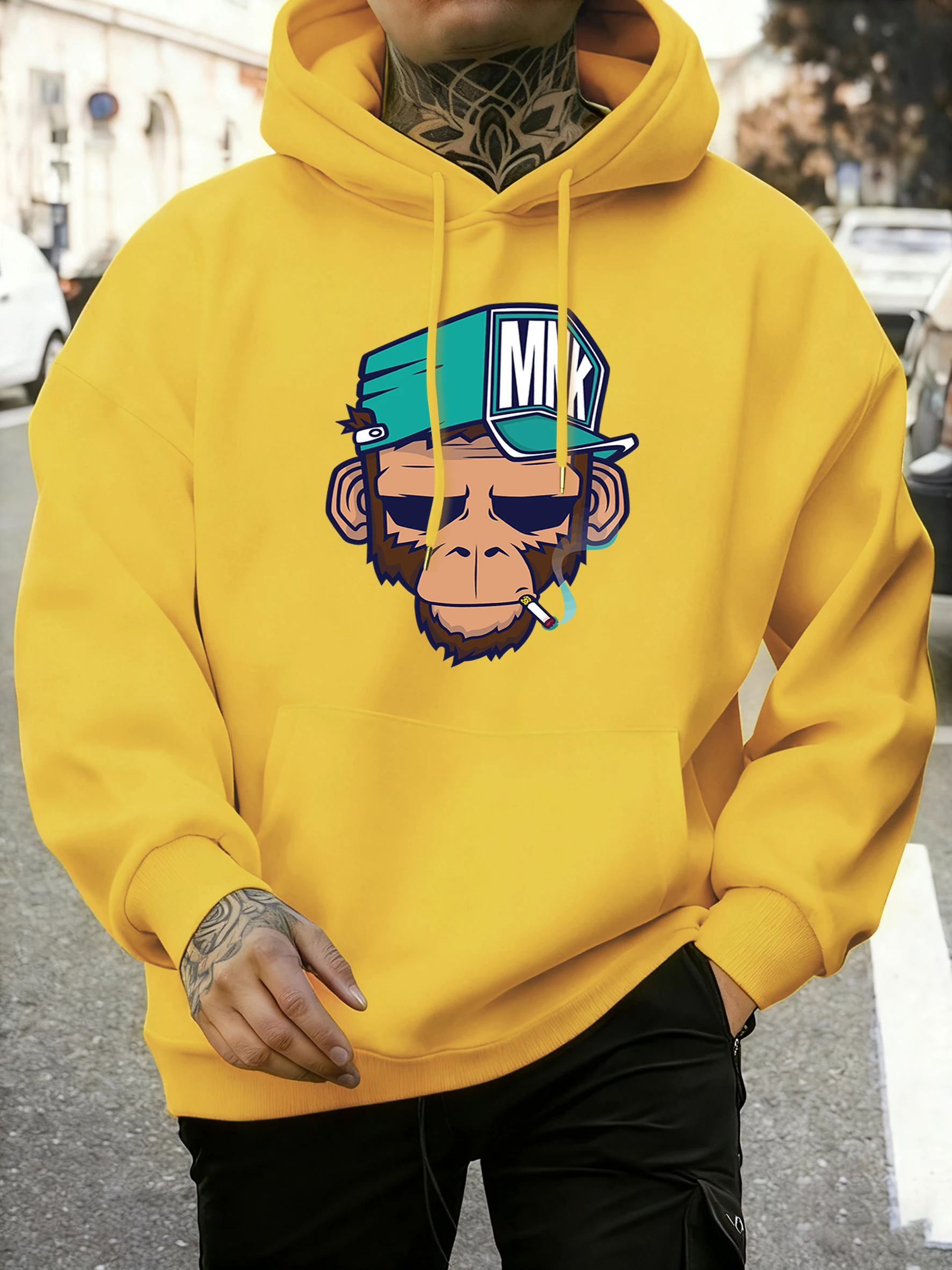 Retro Wear Hat Thinking Monkey Print Pullovers Men Hip Hop O-Neck Tee Autumn Casual All-Match Clothes Unisex Loose Long Sleeve