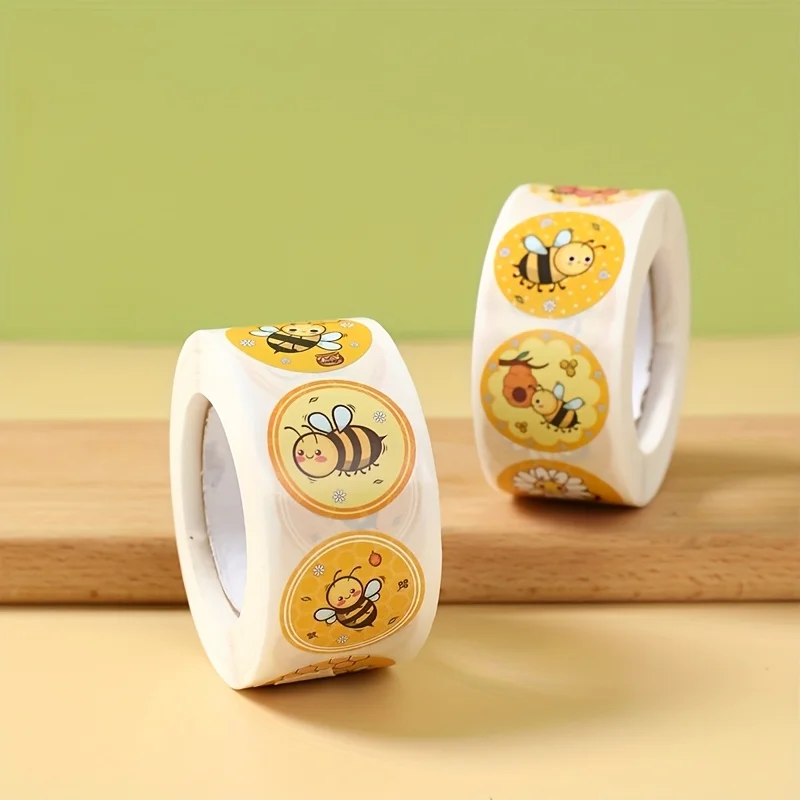 500pcs/roll, Bee Round Stickers,Yellow Bee Pattern, Bee Theme Party Cartoon Stickers,Decor,Happy Birthday Party Decoration - view 4