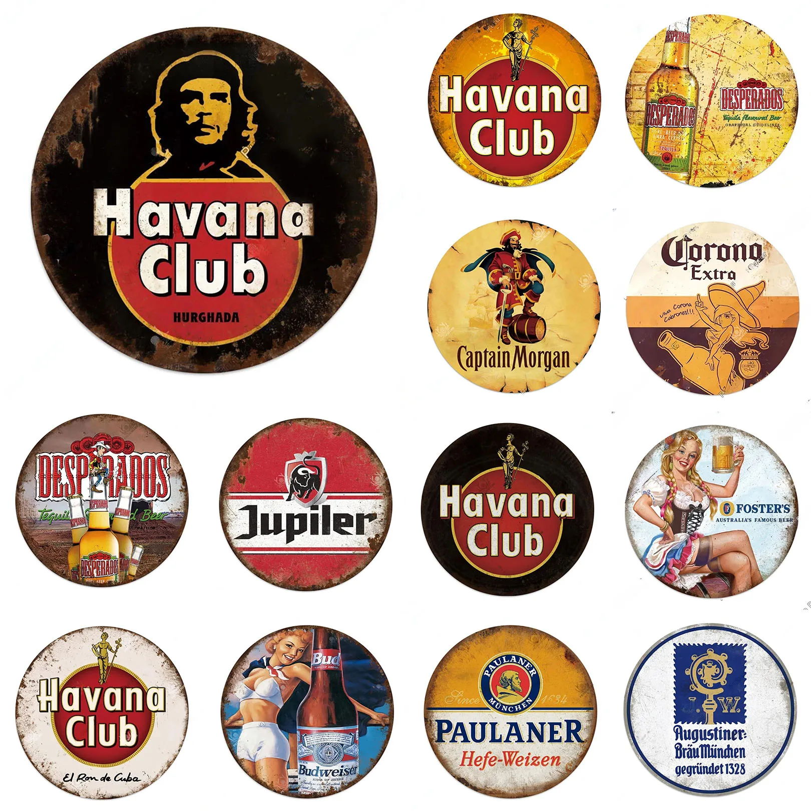 Vintage Retro Beer & Rum Brand Round Tin Sign Set - Classic Alcoholic Beverage Wall Decor for Bar Pub Man Cave Kitchen Home Beer