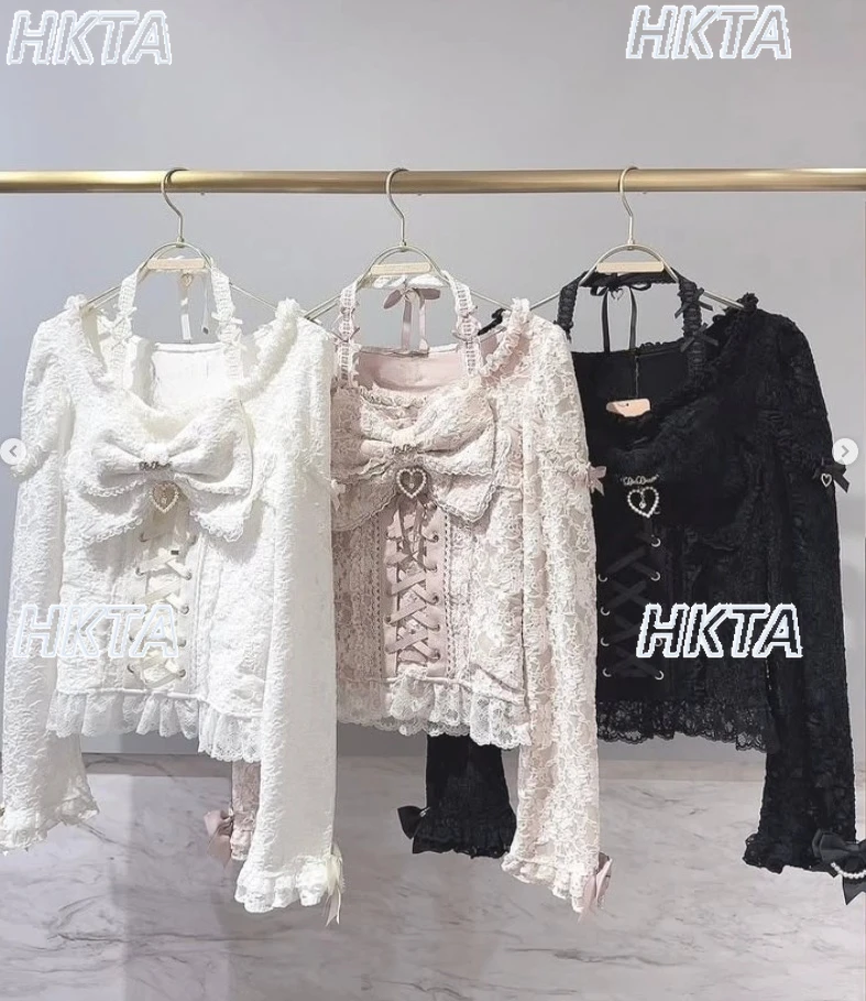 Japanese Autumn New Mass-Produced Lace Sweet Bow Lace Slim Fit Base Shirt Women Girls Fairy Elastic Slim Fit Liz Blouse Top