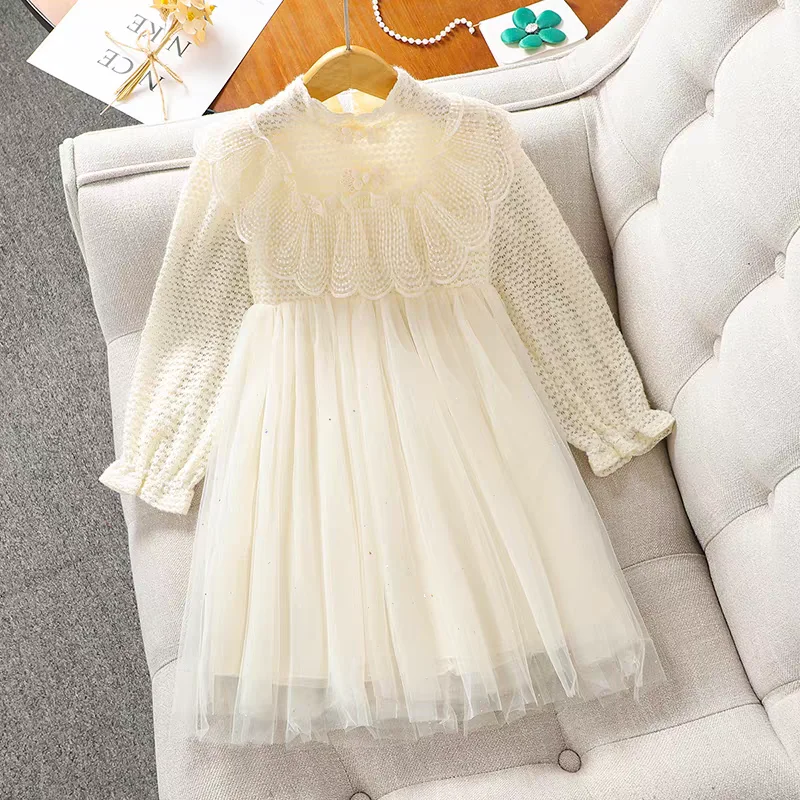 Children\'s Party Dress Summer Girl Solid Lace Mesh Long sleeved Ball Dress Elegant Children\'s Princess Dress Clothing