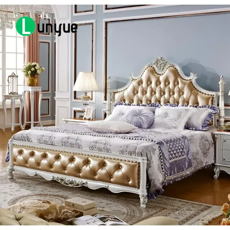 European Royal Style Genuine Leather Bed Frame Luxury Upholstered Platform Bed for Master Bedroom Elegant Design Durable