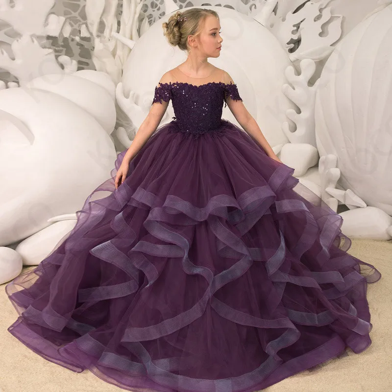 Vestidos de niña de flores personalizados, tul morado escalonado con manga de lazo de cola para boda, fiesta de cumpleaños, vestidos de primera comunión