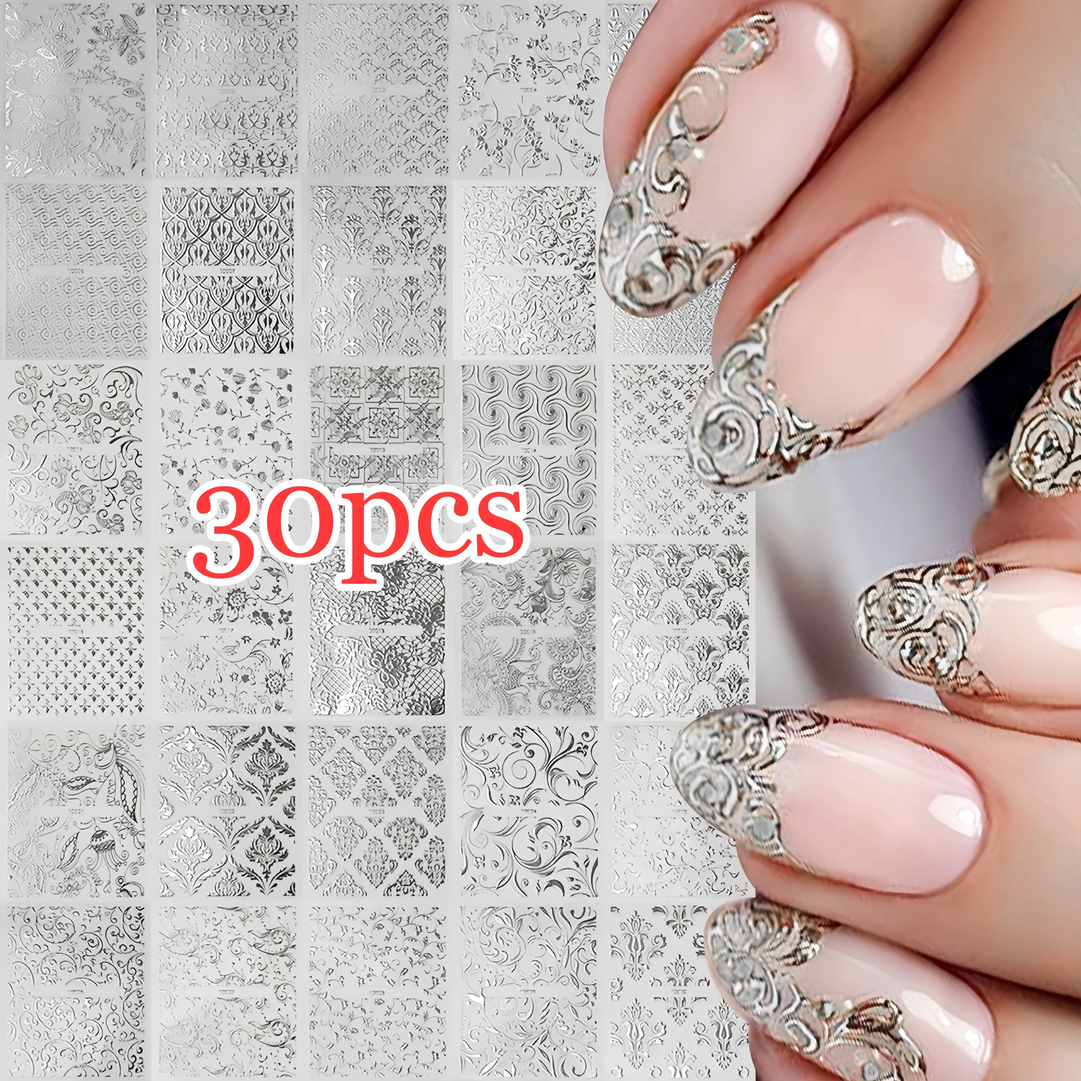 30pcs Silver Lace Fishnet ดอกไม้เล็บชุดสติกเกอร์เซ็กซี่ Hollow Mandala รูปแบบเล็บ Slider Decals DIY เล็บ Charm ตกแต่ง