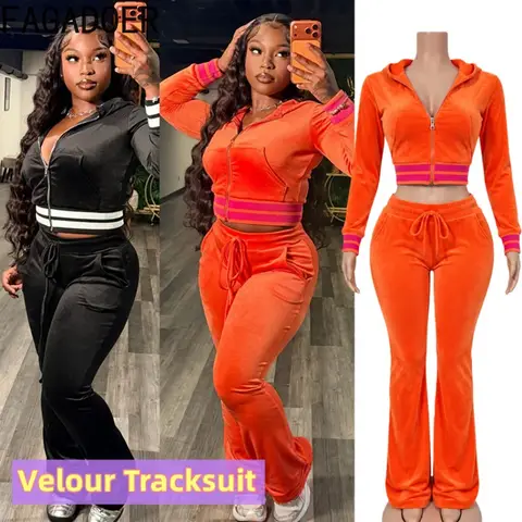 FAGADOER Women Velour Tracksuit 2 Piece Set Zip Up Crop Jacket Drawstring Wide Leg Pants Y2K Casual Lounge Streetwear Outfit