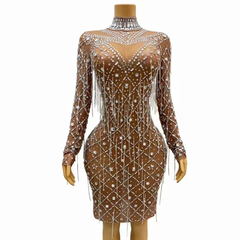 

Bar Nightclub Stage Perfomance Clothes Female Slim Dress Mesh Crystals Rhinestones Sexy Runway Show Birthday Dance Costume