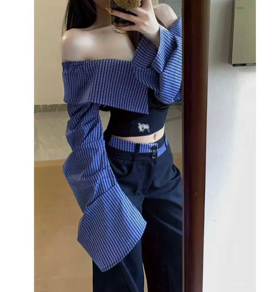 Conjuntos de 2 piezas para mujer, trajes sexys y elegantes con un solo hombro, Top de retazos, pantalones para mujer, trajes de ropa para mujer 2025