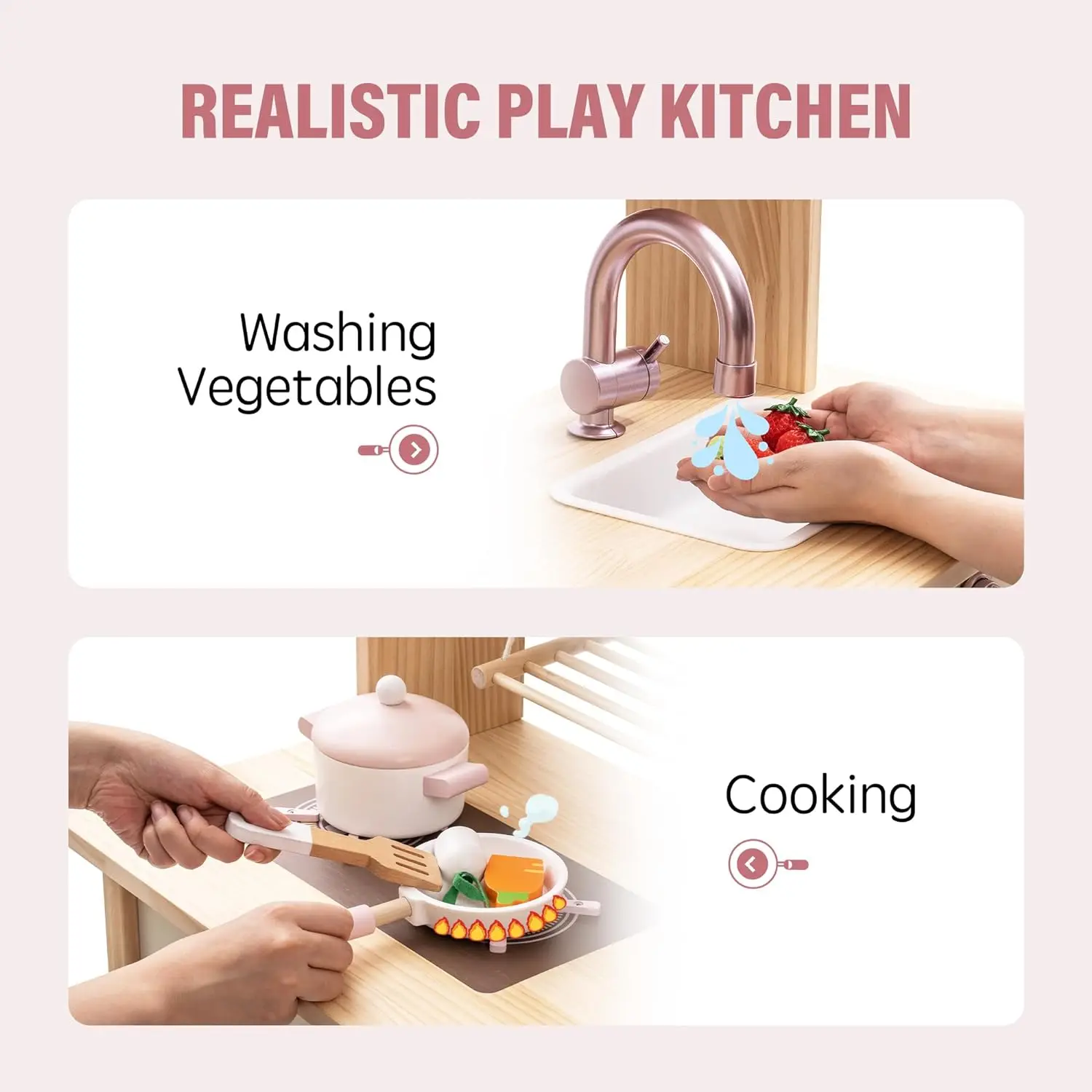 Rubud Wooden Play Kitchen with Realistic Accessories Toy Kitchen Set with Play Features Modern Style Toy Kitchen for Girls Boys