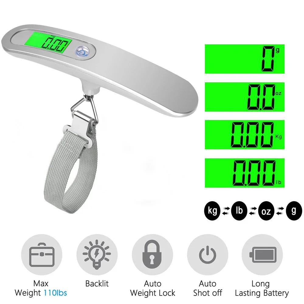 50kg/110lb Portable Electronic Backlight Scale LCD Digital Luggage Scale Travel Bag Hanging Steelyard Hook Fishing Scale