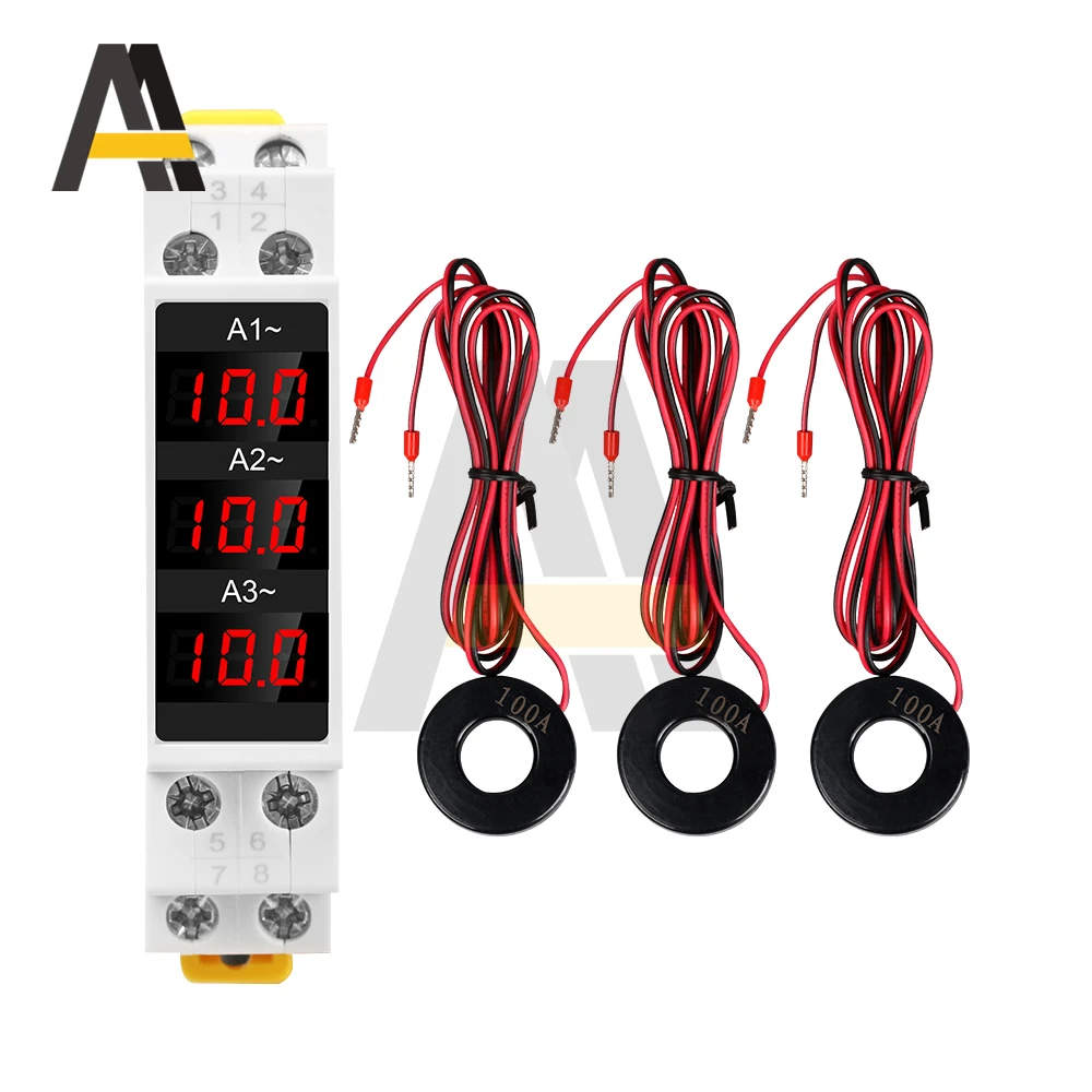 SDM010A Din Rail LED Digital Display Three-Phase Modular Current Meter AC 80-500V 1-100A Indicator Ammeter Gauge with transforme