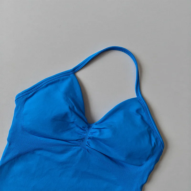 

Бесшовный топ-майка на бретелях с длинными лямками, с драпировкой и открытой спиной, без рукавов, для йоги и тренировок, со встроенным бюстгальтером-топом для женщин