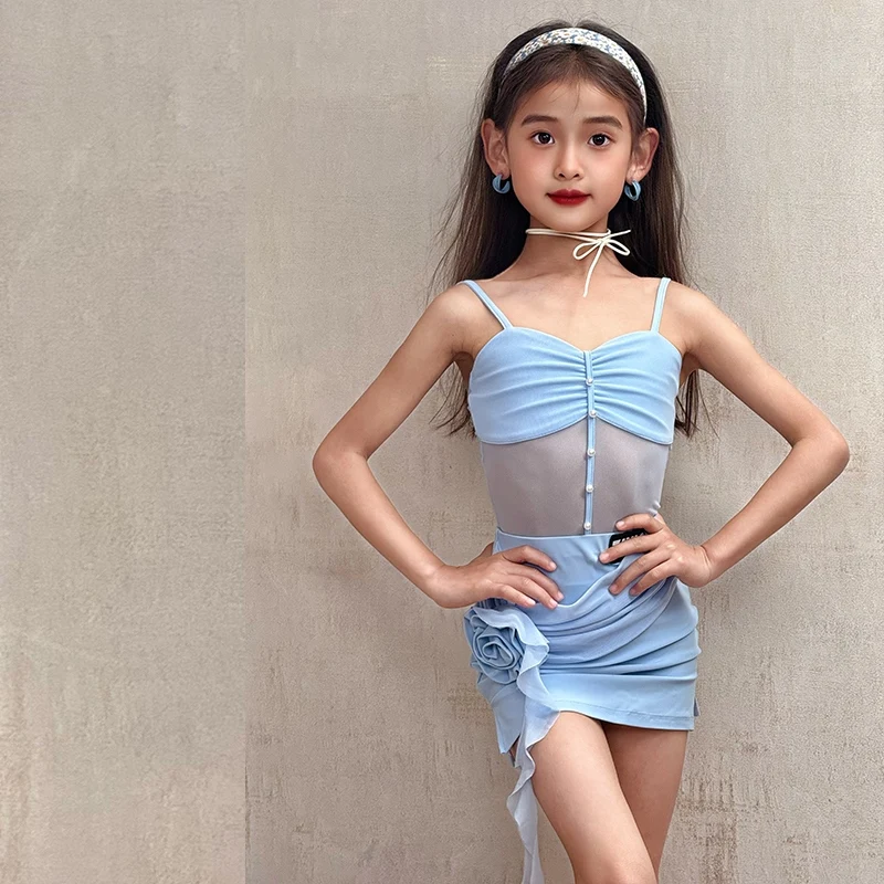 

New Sky Blue Latin Dance Clothes Girls Summer Suspender Tops Skirt Practice Suit Kids Rumba Cha Cha Samba Dance Costume DNV23969