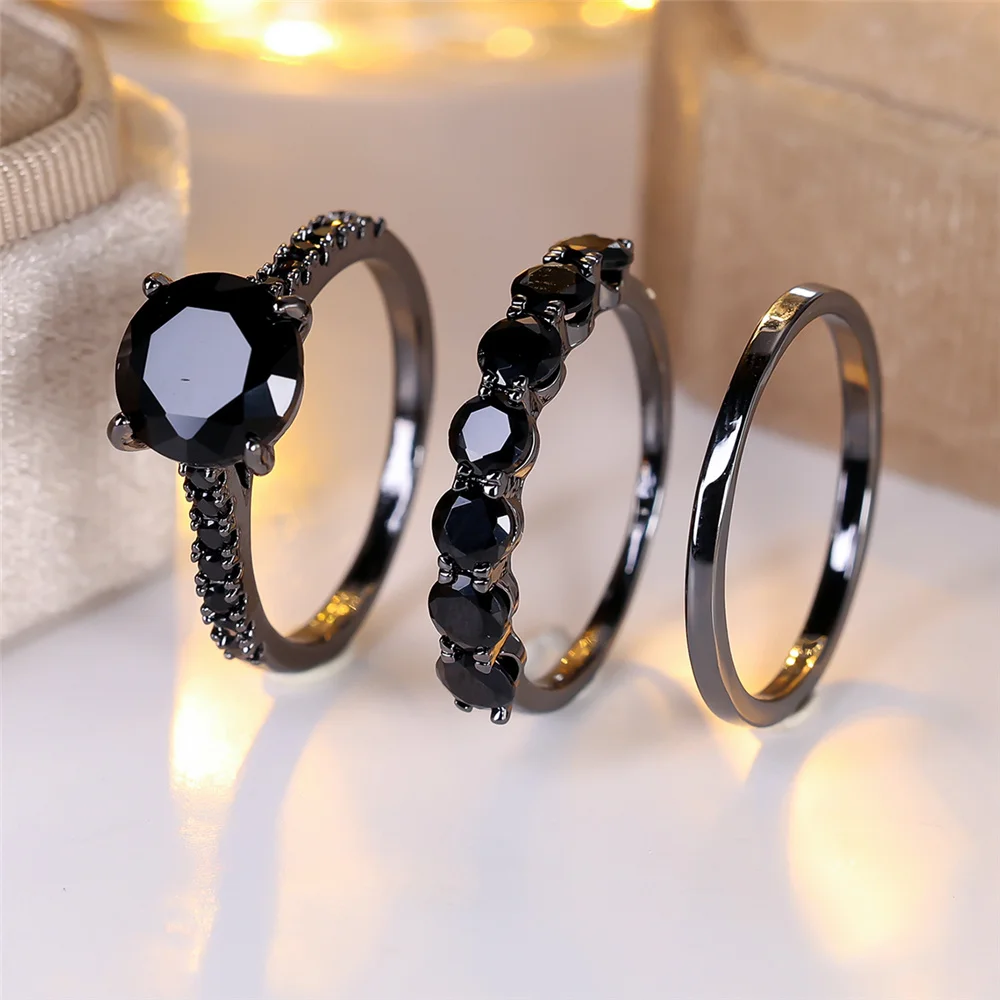 Female Luxury Black Zircon Stone Engagement Ring Set Promise Love Wedding Jewelry For Women