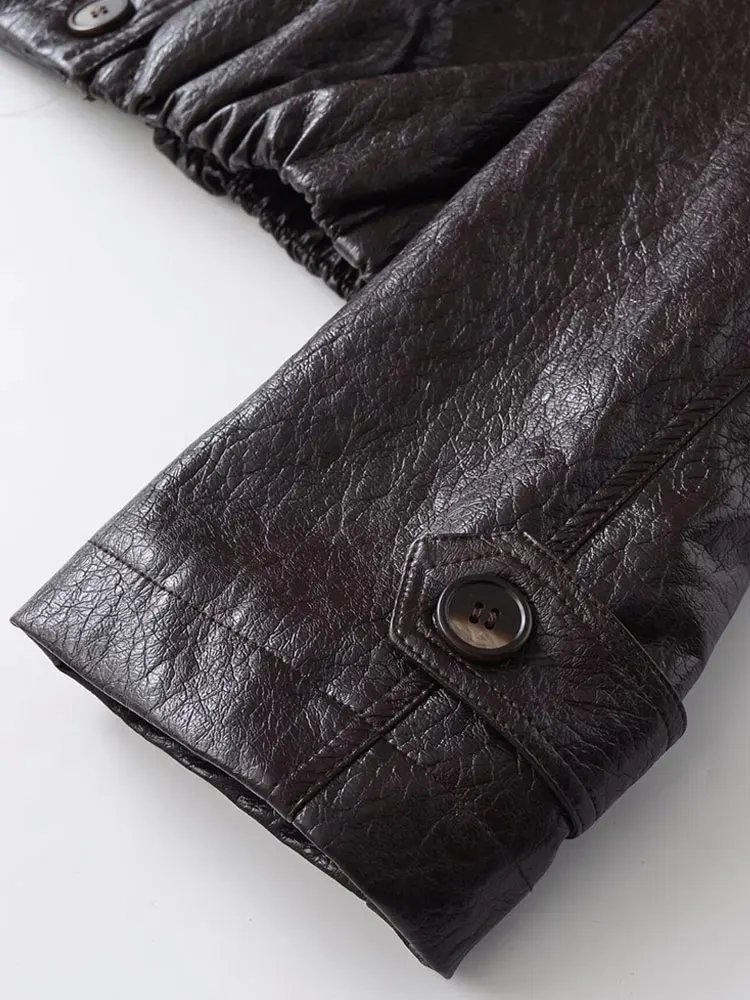 Women's Double Breasted Faux Leather Jacket Coat Long Sleeve Chic Top with Front Pockets Fashion Outerwear