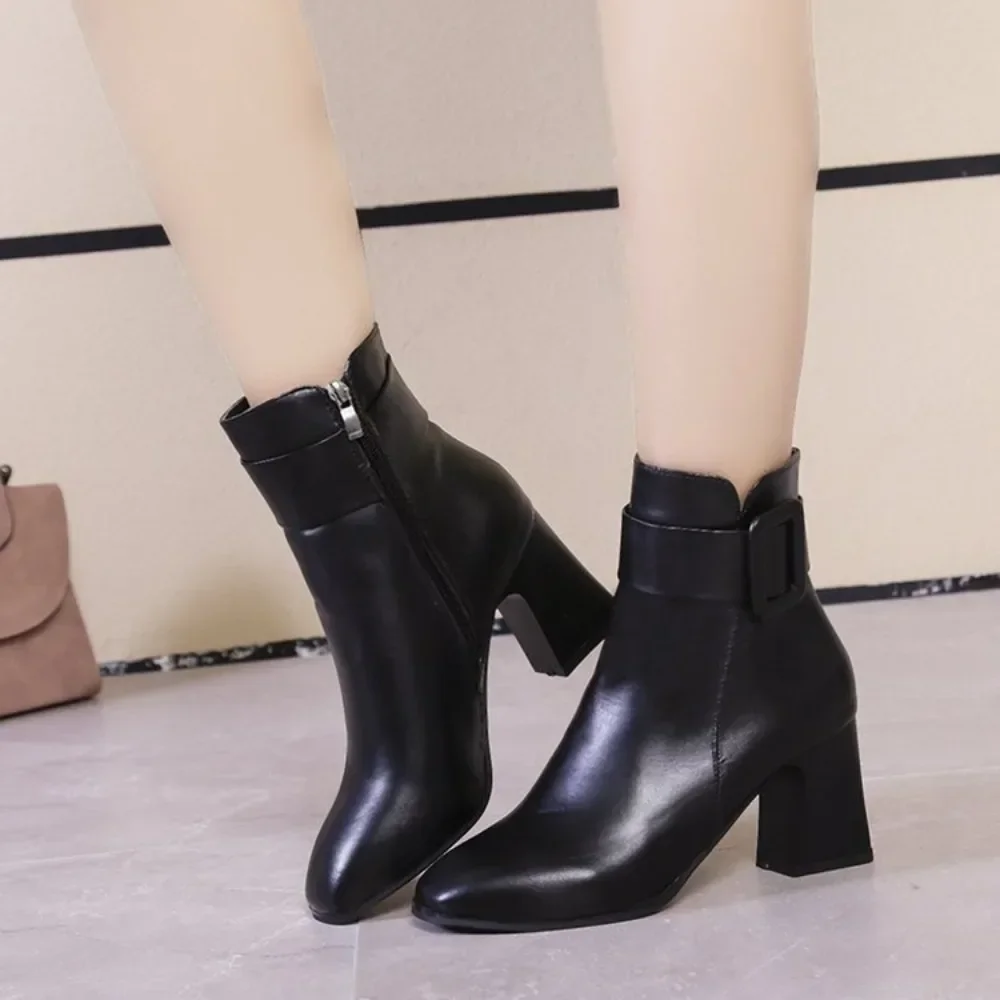 White Black Thick High Heel Ankle Boots Women 2024 Pointed Toe Keep Warm Elegant Short Booties Ladies Ankle Buckle Decoration