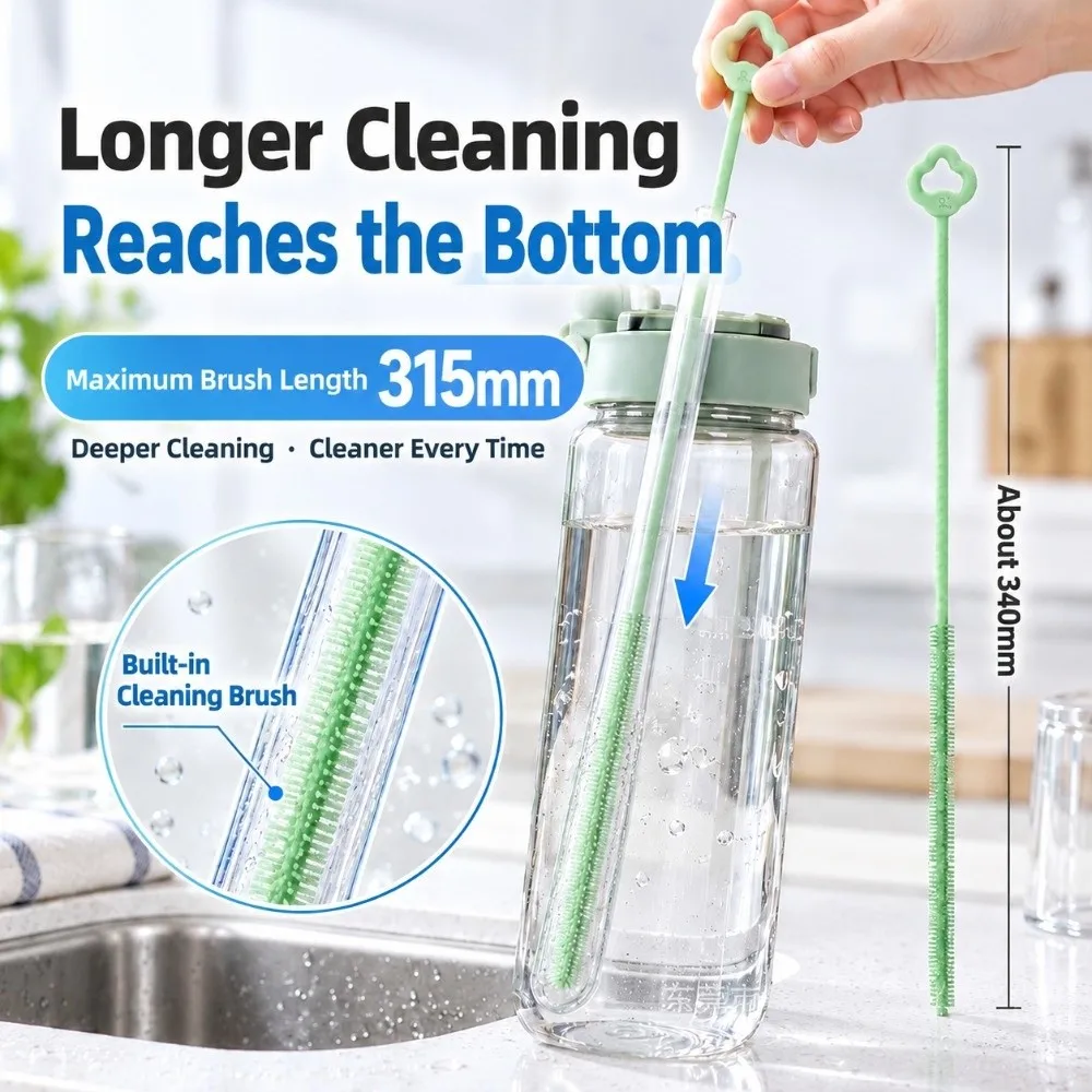 34cm Extended Version Silicone Straw Brush Long Handle Soft Bristle Extra Long Brush Hanging Loop Straw Cleaning Brush