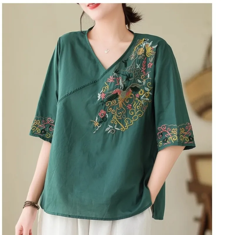 Chinese Style V-Neck Top Loose Short Sleeve Vintage Solid Color Embroidery Shirt Minimalist Flowy Summer Casual Tees Pullovers